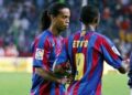 Eto'o et Ronaldinho, après le but du camerounais face à Saragoza (2-2)
