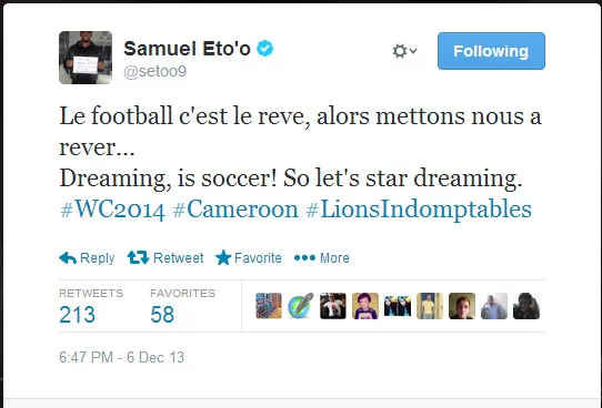 CM2014: Le Tweet de Samuel Eto&rsquo;o