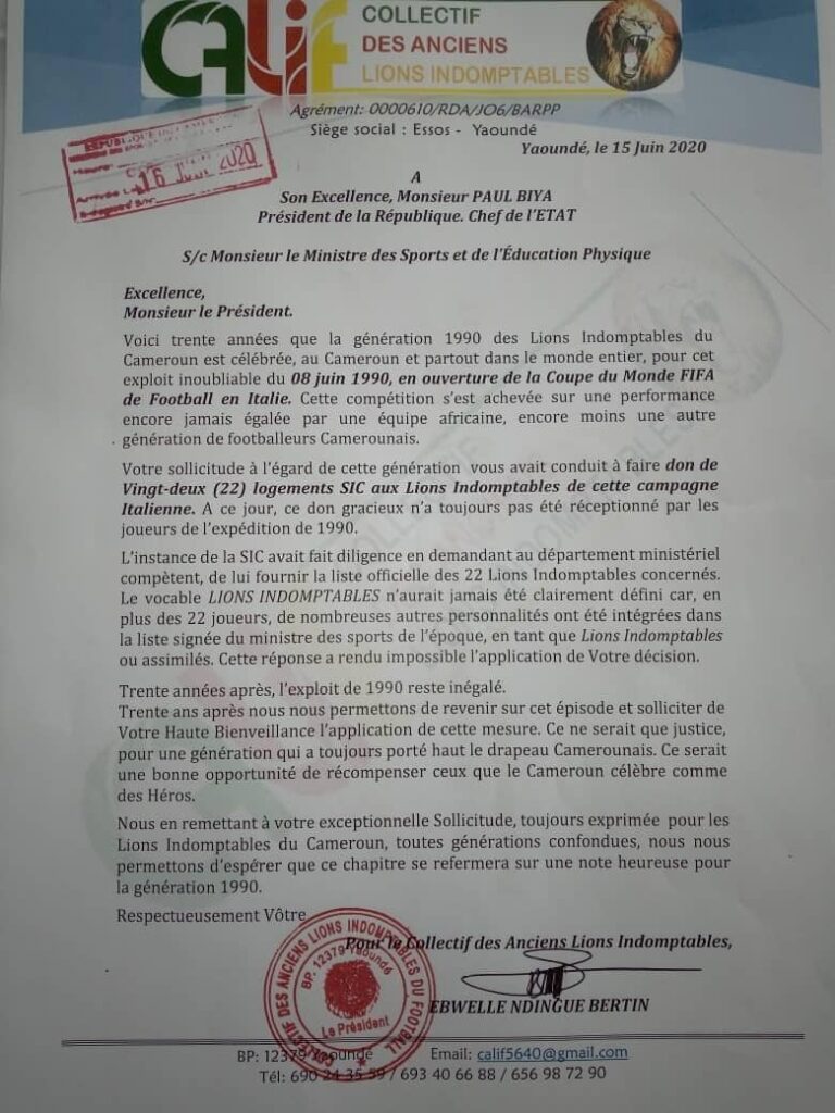 Lettre du CALIF à Paul Biya pour le respect de la promesse de logement faite il y a 30 ans