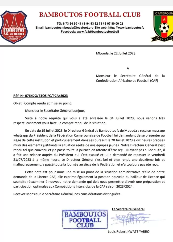 Lettre de Bamboutos à la Caf indiquant la roublardise de Samuel Eto'o