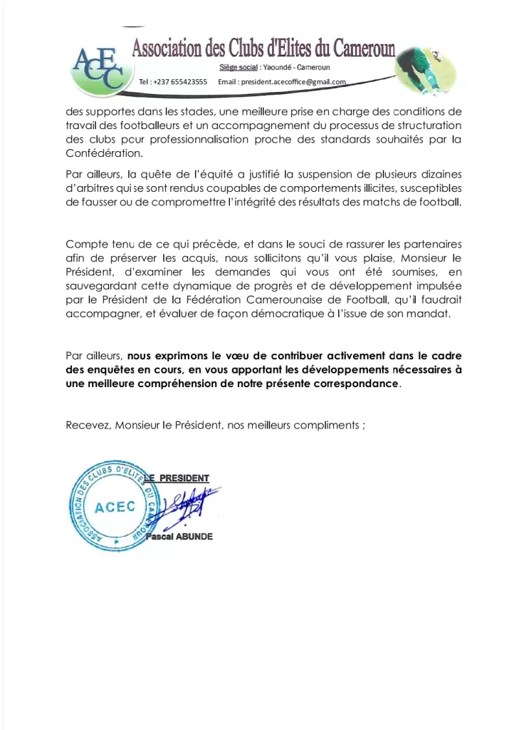 L’ACEC ne va aucunement lâcher le président de la Fécafoot et son président a réaffirmé son « indéfectible soutien à Samuel Eto’o »