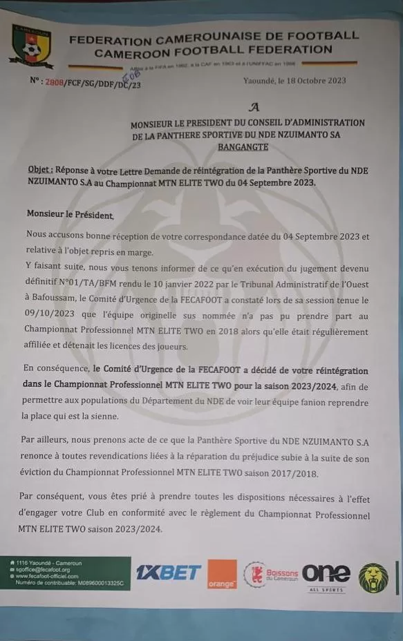 La Fécafoot de Samuel Eto'o trouve la parade pour Panthère