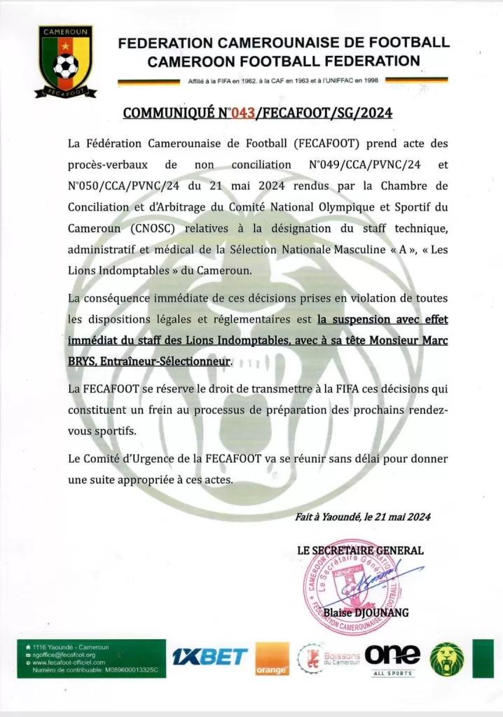 La décision de la Chambre de Conciliation du Comité Olympique qui rend caduque les nominations de Samuel Eto'o rend fou de rage la Fécafoot.