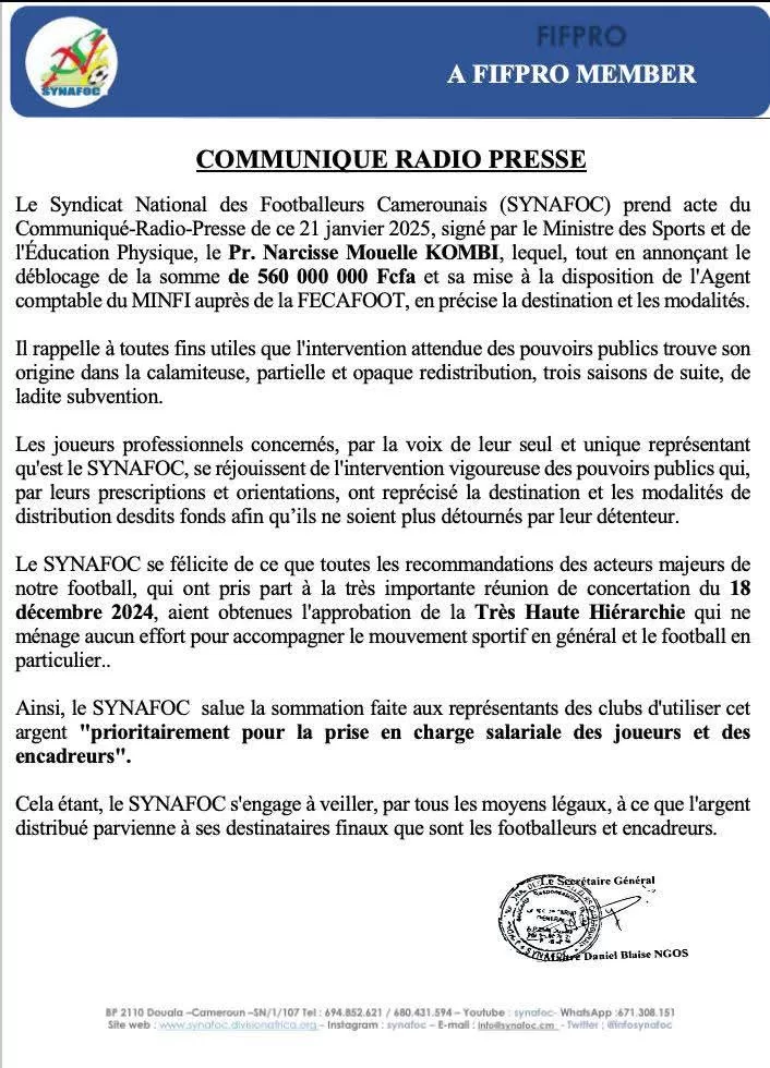 subventions championnats Élite : le Synafoc critique la Fécafoot 2 subventions championnats Élite : le Synafoc critique la Fécafoot
