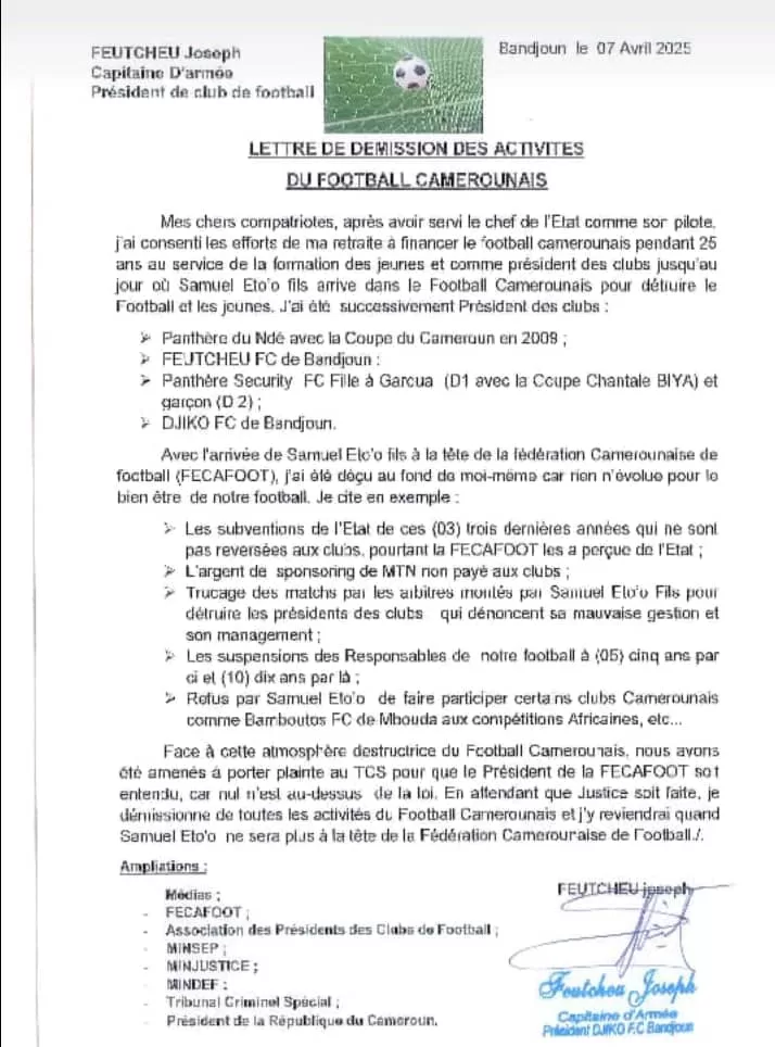 Joseph Feutcheu  démissionne et accuse Eto’o de « détruire » le football camerounais