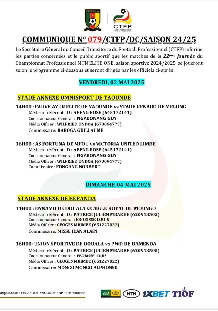 Elite One : le calendrier de la 22e journée 2 Elite One : le calendrier de la 22e journée