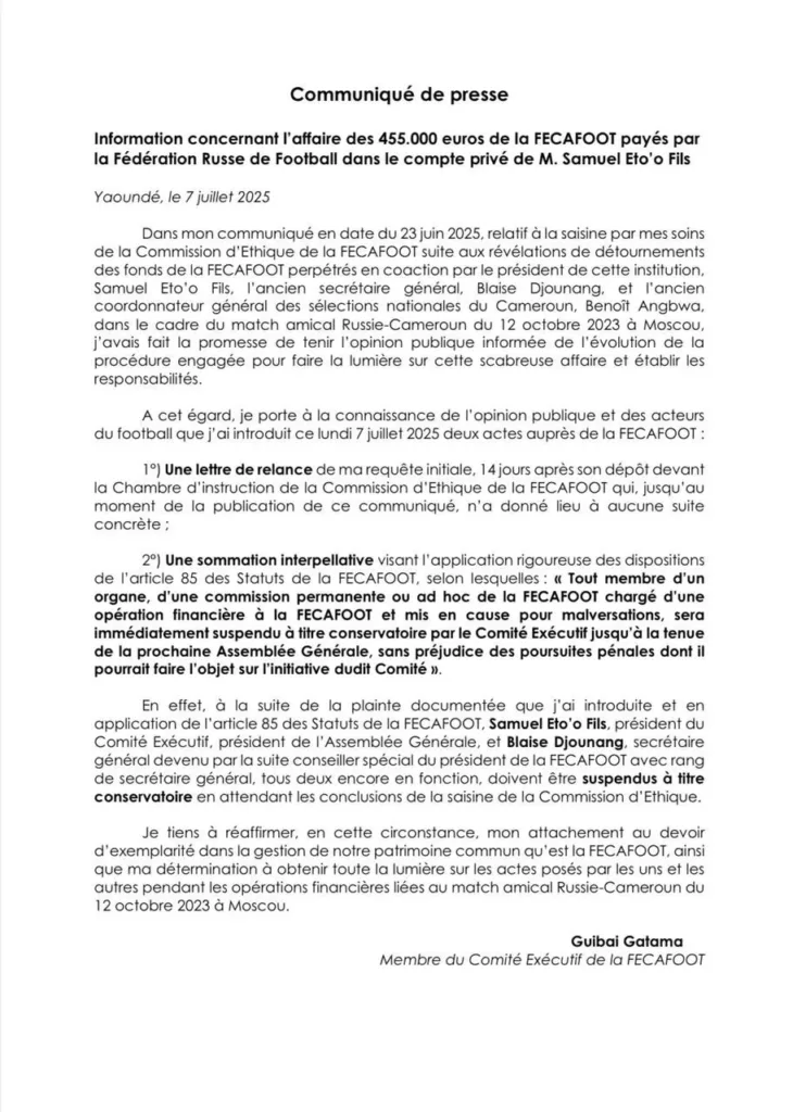 Sommation interpellative de Guibaï Gatama