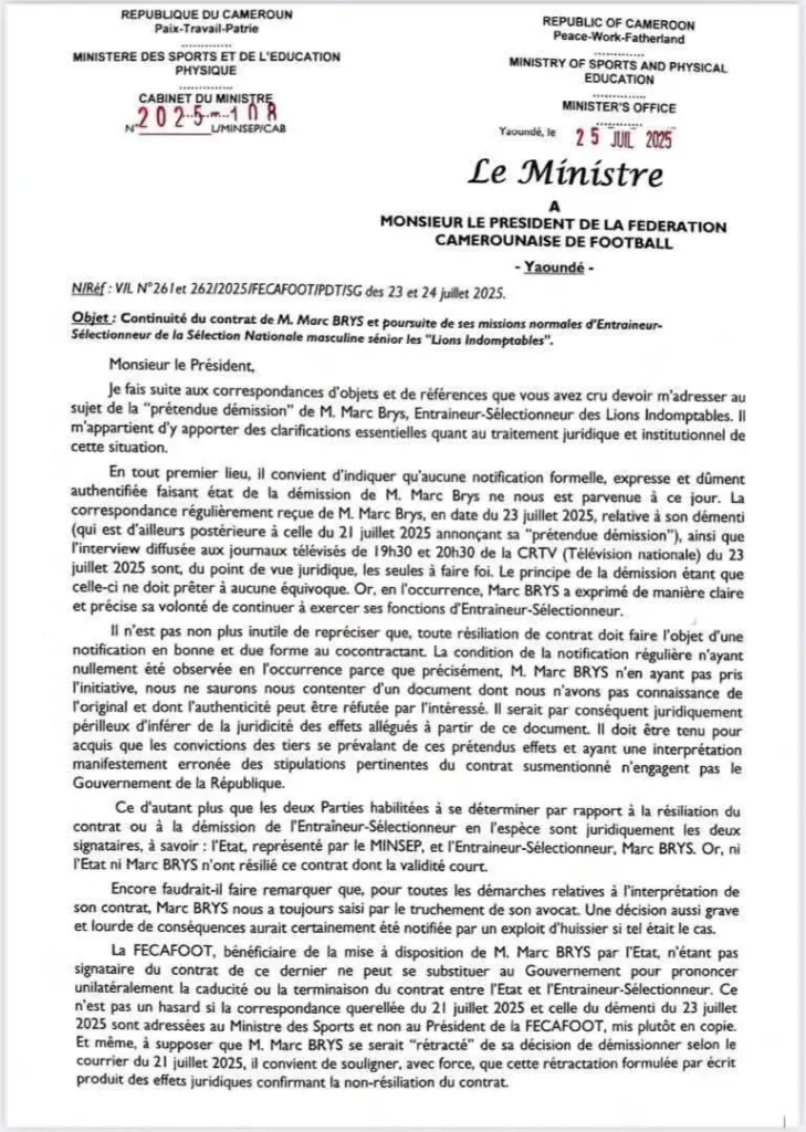 Kombi Mouelle à Samuel Eto'o : continuité du contrat de M. Marc BRYS et poursuite de ses missions normales