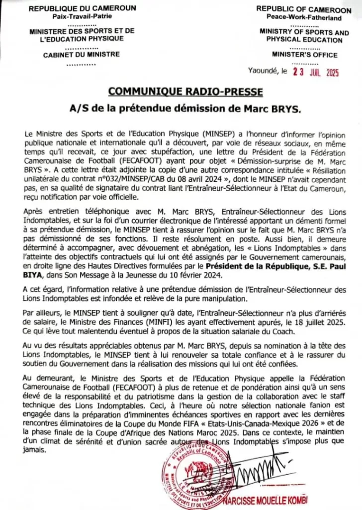 Kombi Mouelle surpris de l'information sur la démission supposée de Marc Brys.