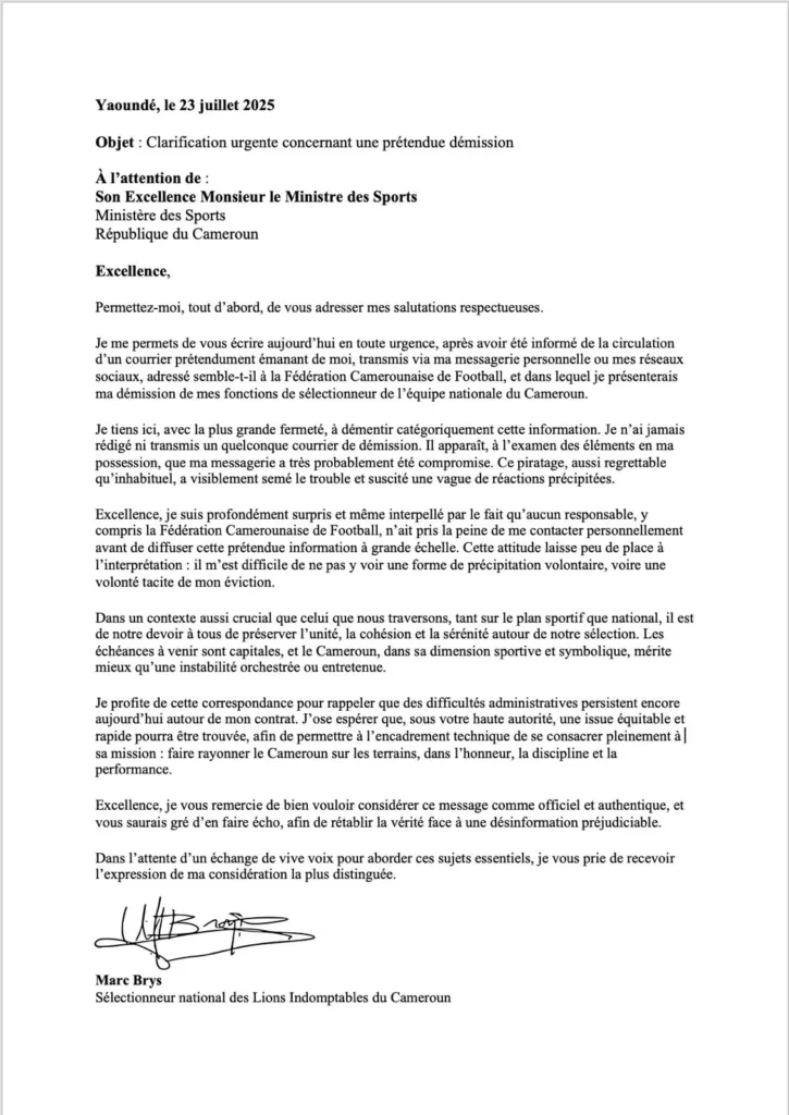 Lettre de Marc Brys au Ministre des Sports du Cameroun réfutant sa démission