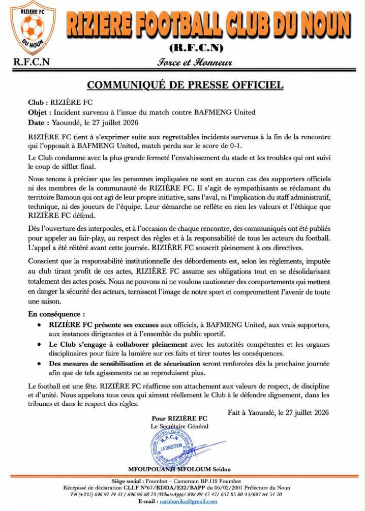 Communiqué de Rizière après des actes de chaos enregistrés après la défaite contre Bafmeng United