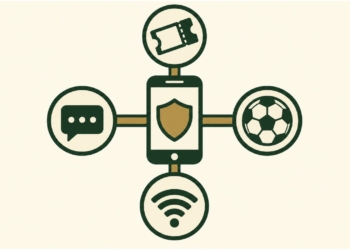 Smartphone à bouclier relié à un billet, un ballon, un signal Wi-Fi et une bulle de message, sécurité des supporters