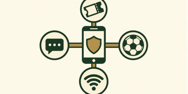 Smartphone à bouclier relié à un billet, un ballon, un signal Wi-Fi et une bulle de message, sécurité des supporters