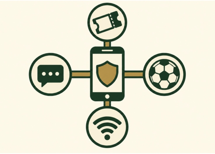 Smartphone à bouclier relié à un billet, un ballon, un signal Wi-Fi et une bulle de message, sécurité des supporters